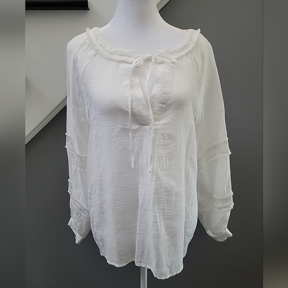 Dip Med Linen Blend Boho Tie Front Blouse Flowy Classic - Picture 1 of 7